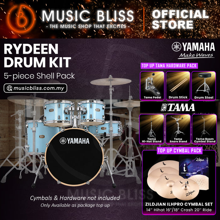 Yamaha Rydeen 5-Piece Acoustic Drum Kit – 20" Bass Drum – Shell Pack Only or Complete Package with Hardware & Cymbals - Gloss Pale Blue