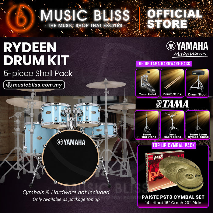 Yamaha Rydeen 5-Piece Acoustic Drum Kit – 20" Bass Drum – Shell Pack Only or Complete Package with Hardware & Cymbals - Gloss Pale Blue