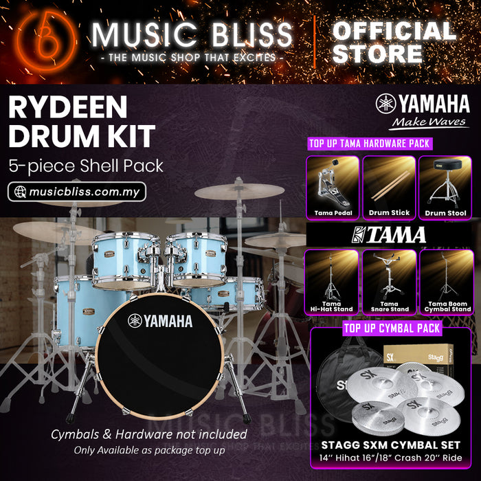 Yamaha Rydeen 5-Piece Acoustic Drum Kit – 20" Bass Drum – Shell Pack Only or Complete Package with Hardware & Cymbals - Gloss Pale Blue