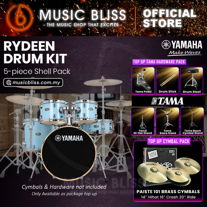 Yamaha Rydeen 5-Piece Acoustic Drum Kit – 20" Bass Drum – Shell Pack Only or Complete Package with Hardware & Cymbals - Gloss Pale Blue