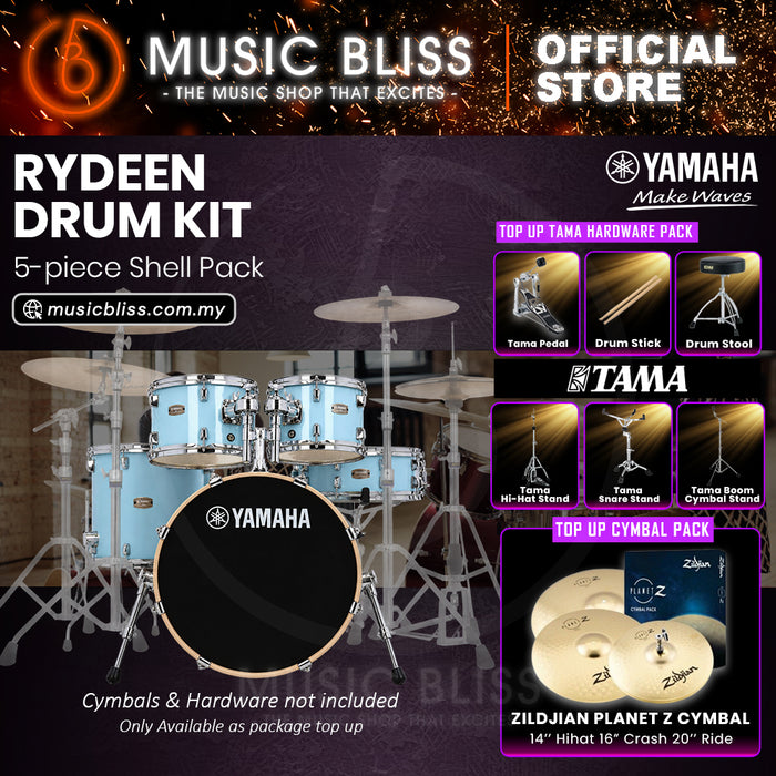 Yamaha Rydeen 5-Piece Acoustic Drum Kit – 20" Bass Drum – Shell Pack Only or Complete Package with Hardware & Cymbals - Gloss Pale Blue