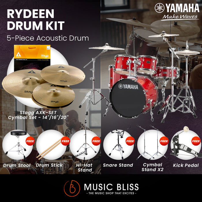 Yamaha Rydeen 5-Piece Acoustic Drum Kit – 20" Bass Drum – Shell Pack Only or Complete Package with Hardware & Cymbals - Hot Red