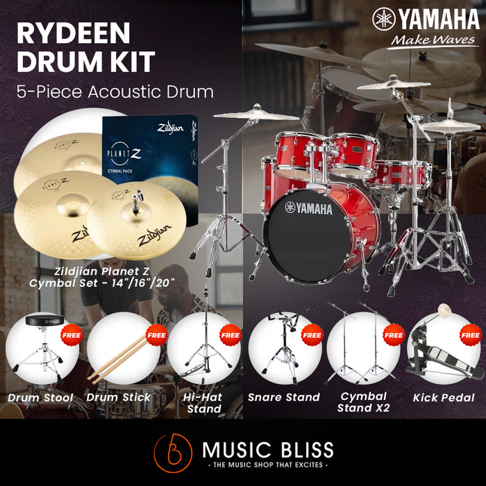 Yamaha Rydeen 5-Piece Acoustic Drum Kit – 20" Bass Drum – Shell Pack Only or Complete Package with Hardware & Cymbals - Hot Red