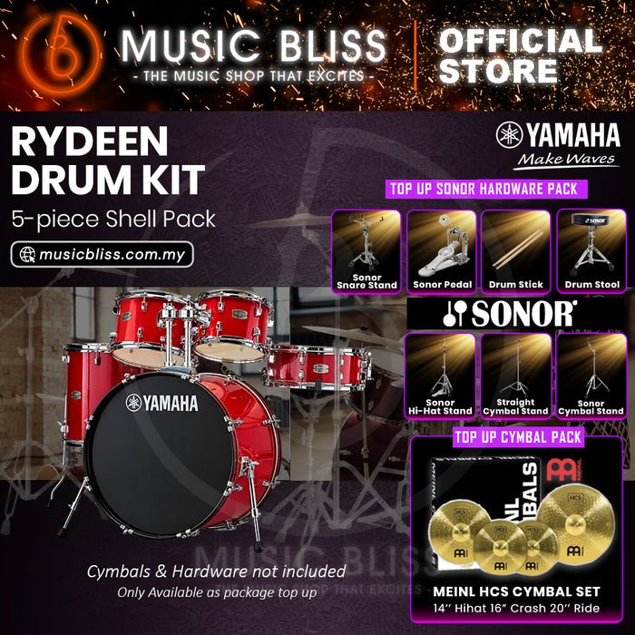Yamaha Rydeen 5-Piece Acoustic Drum Kit – 20" Bass Drum – Shell Pack Only or Complete Package with Hardware & Cymbals - Hot Red