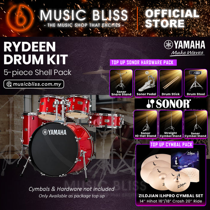 Yamaha Rydeen 5-Piece Acoustic Drum Kit – 20" Bass Drum – Shell Pack Only or Complete Package with Hardware & Cymbals - Hot Red