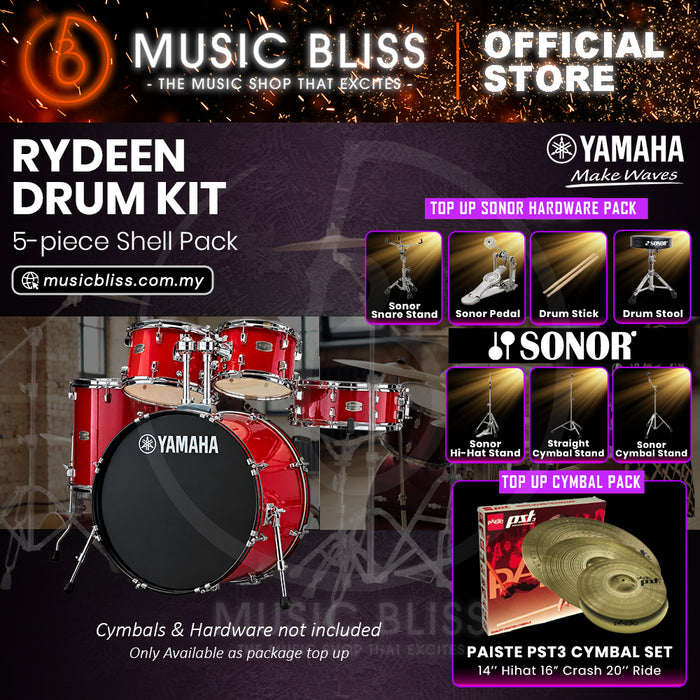 Yamaha Rydeen 5-Piece Acoustic Drum Kit – 20" Bass Drum – Shell Pack Only or Complete Package with Hardware & Cymbals - Hot Red