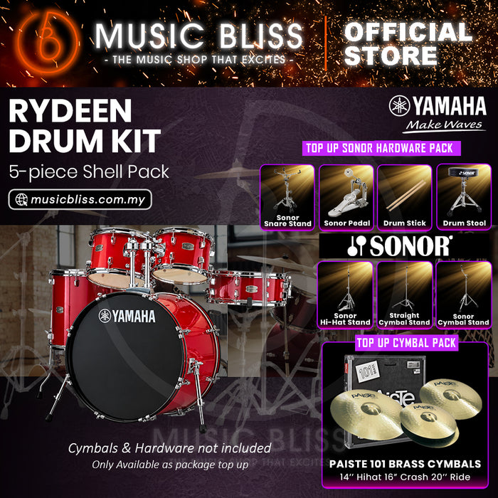 Yamaha Rydeen 5-Piece Acoustic Drum Kit – 20" Bass Drum – Shell Pack Only or Complete Package with Hardware & Cymbals - Hot Red