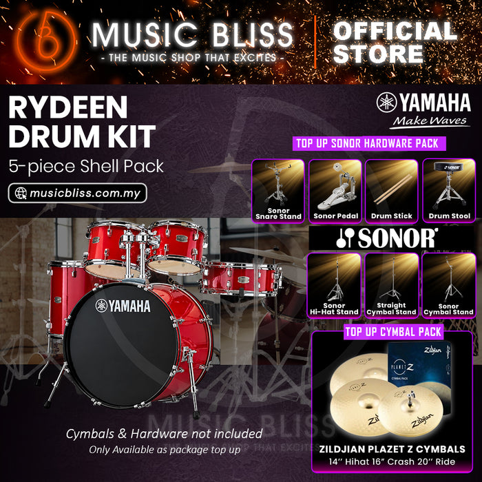 Yamaha Rydeen 5-Piece Acoustic Drum Kit – 20" Bass Drum – Shell Pack Only or Complete Package with Hardware & Cymbals - Hot Red