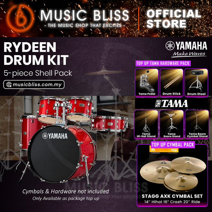 Yamaha Rydeen 5-Piece Acoustic Drum Kit – 20" Bass Drum – Shell Pack Only or Complete Package with Hardware & Cymbals - Hot Red