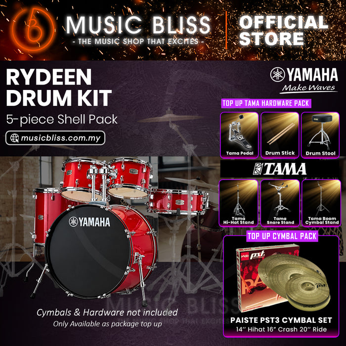 Yamaha Rydeen 5-Piece Acoustic Drum Kit – 20" Bass Drum – Shell Pack Only or Complete Package with Hardware & Cymbals - Hot Red