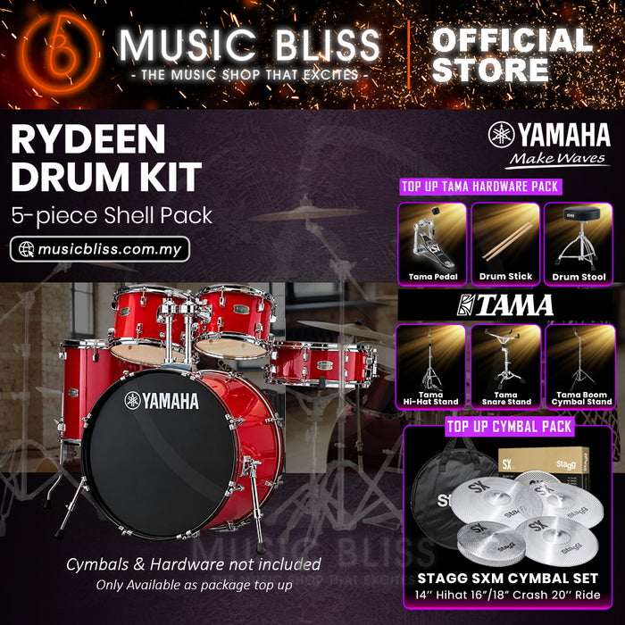 Yamaha Rydeen 5-Piece Acoustic Drum Kit – 20" Bass Drum – Shell Pack Only or Complete Package with Hardware & Cymbals - Hot Red