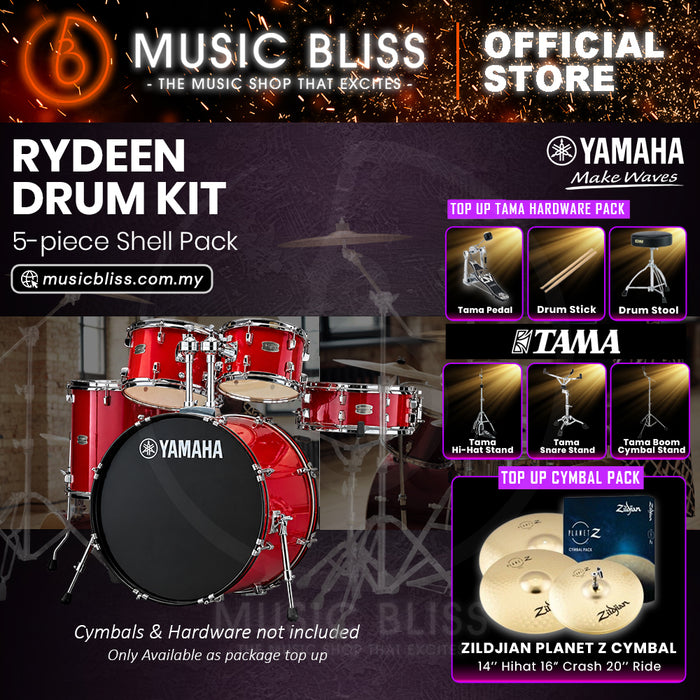 Yamaha Rydeen 5-Piece Acoustic Drum Kit – 20" Bass Drum – Shell Pack Only or Complete Package with Hardware & Cymbals - Hot Red