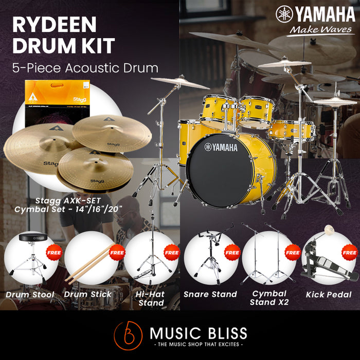Yamaha Rydeen 5-Piece Acoustic Drum Kit – 20" Bass Drum – Shell Pack Only or Complete Package with Hardware & Cymbals - Mellow Yellow