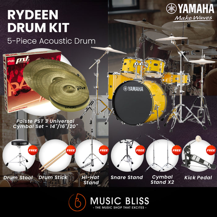 Yamaha Rydeen 5-Piece Acoustic Drum Kit – 20" Bass Drum – Shell Pack Only or Complete Package with Hardware & Cymbals - Mellow Yellow
