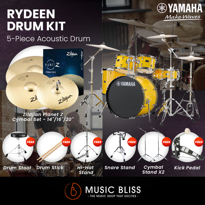 Yamaha Rydeen 5-Piece Acoustic Drum Kit – 20" Bass Drum – Shell Pack Only or Complete Package with Hardware & Cymbals - Mellow Yellow