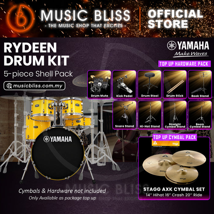 Yamaha Rydeen 5-Piece Acoustic Drum Kit – 20" Bass Drum – Shell Pack Only or Complete Package with Hardware & Cymbals - Mellow Yellow