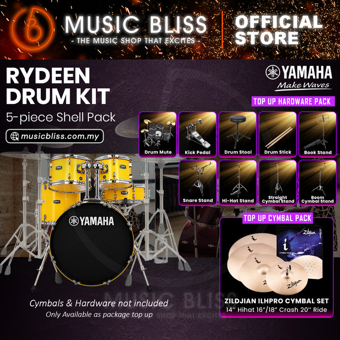 Yamaha Rydeen 5-Piece Acoustic Drum Kit – 20" Bass Drum – Shell Pack Only or Complete Package with Hardware & Cymbals - Mellow Yellow
