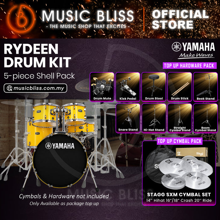 Yamaha Rydeen 5-Piece Acoustic Drum Kit – 20" Bass Drum – Shell Pack Only or Complete Package with Hardware & Cymbals - Mellow Yellow