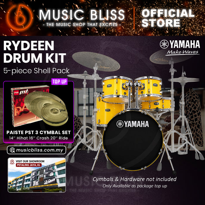 Yamaha Rydeen 5-Piece Acoustic Drum Kit – 20" Bass Drum – Shell Pack Only or Complete Package with Hardware & Cymbals - Mellow Yellow