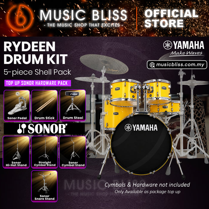 Yamaha Rydeen 5-Piece Acoustic Drum Kit – 20" Bass Drum – Shell Pack Only or Complete Package with Hardware & Cymbals - Mellow Yellow