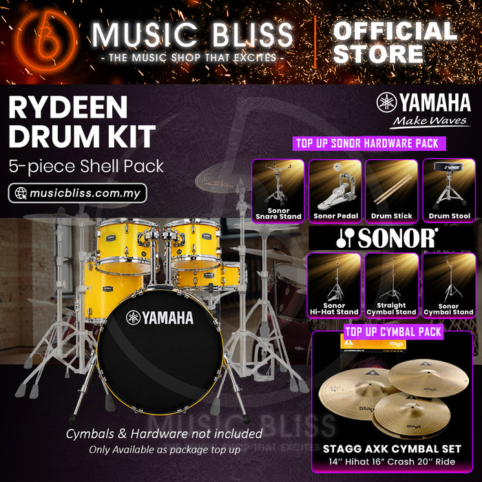 Yamaha Rydeen 5-Piece Acoustic Drum Kit – 20" Bass Drum – Shell Pack Only or Complete Package with Hardware & Cymbals - Mellow Yellow