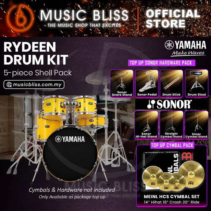 Yamaha Rydeen 5-Piece Acoustic Drum Kit – 20" Bass Drum – Shell Pack Only or Complete Package with Hardware & Cymbals - Mellow Yellow