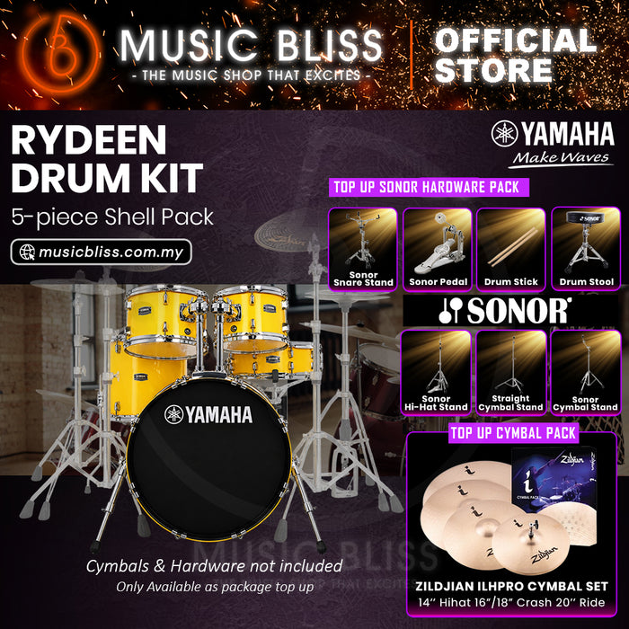 Yamaha Rydeen 5-Piece Acoustic Drum Kit – 20" Bass Drum – Shell Pack Only or Complete Package with Hardware & Cymbals - Mellow Yellow