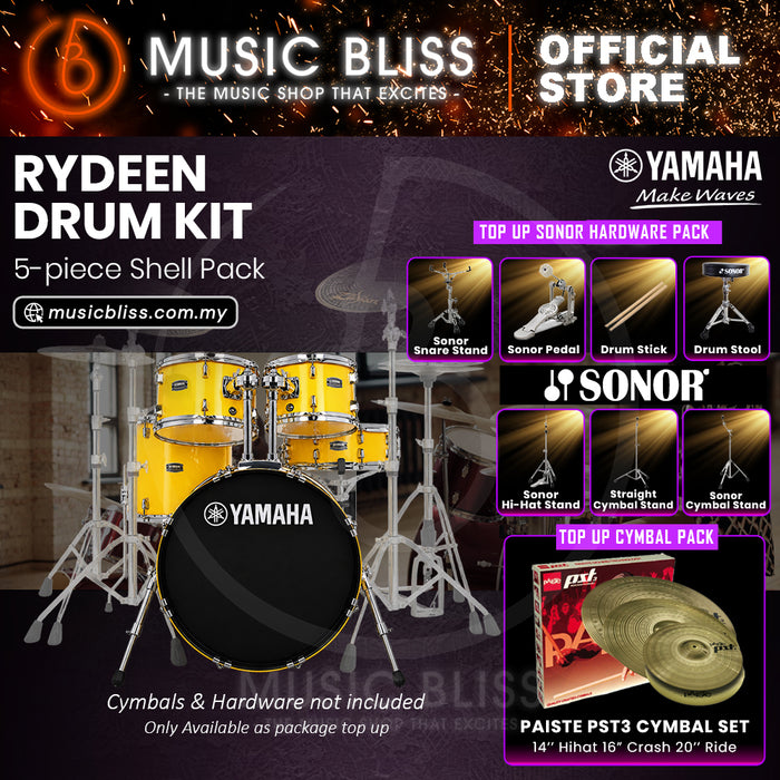 Yamaha Rydeen 5-Piece Acoustic Drum Kit – 20" Bass Drum – Shell Pack Only or Complete Package with Hardware & Cymbals - Mellow Yellow