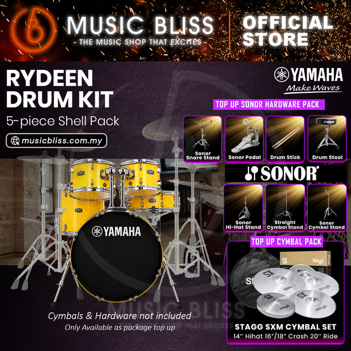 Yamaha Rydeen 5-Piece Acoustic Drum Kit – 20" Bass Drum – Shell Pack Only or Complete Package with Hardware & Cymbals - Mellow Yellow