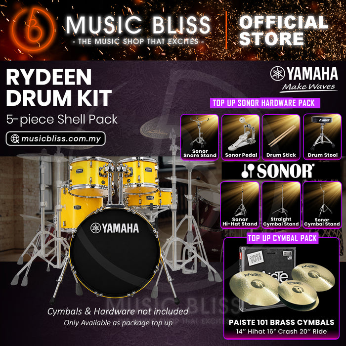 Yamaha Rydeen 5-Piece Acoustic Drum Kit – 20" Bass Drum – Shell Pack Only or Complete Package with Hardware & Cymbals - Mellow Yellow