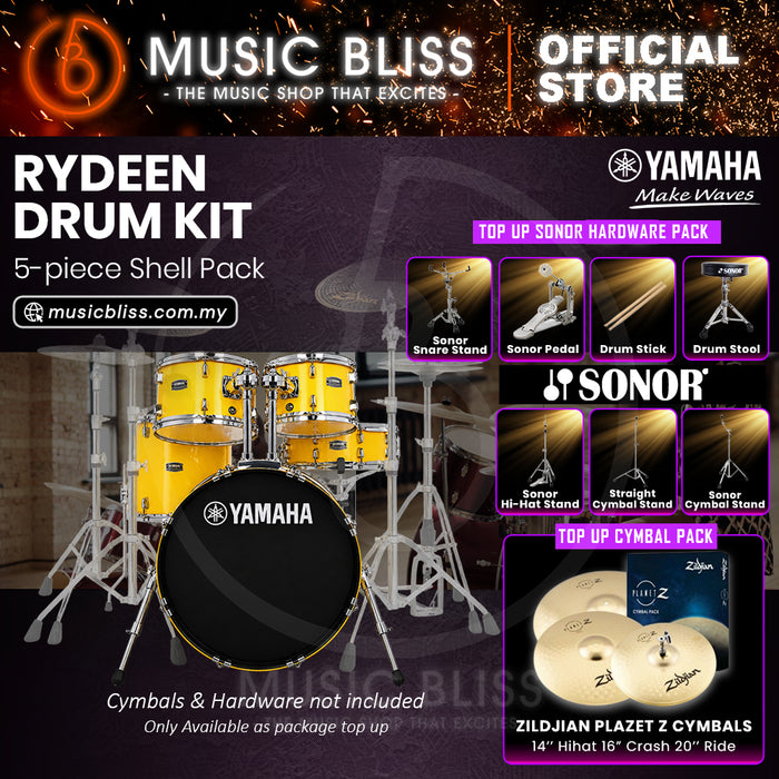 Yamaha Rydeen 5-Piece Acoustic Drum Kit – 20" Bass Drum – Shell Pack Only or Complete Package with Hardware & Cymbals - Mellow Yellow