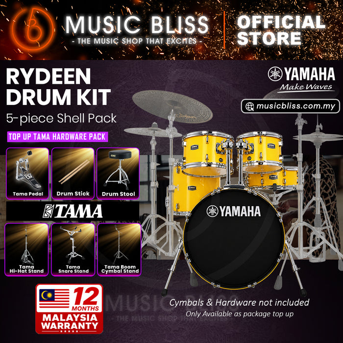 Yamaha Rydeen 5-Piece Acoustic Drum Kit – 20" Bass Drum – Shell Pack Only or Complete Package with Hardware & Cymbals - Mellow Yellow