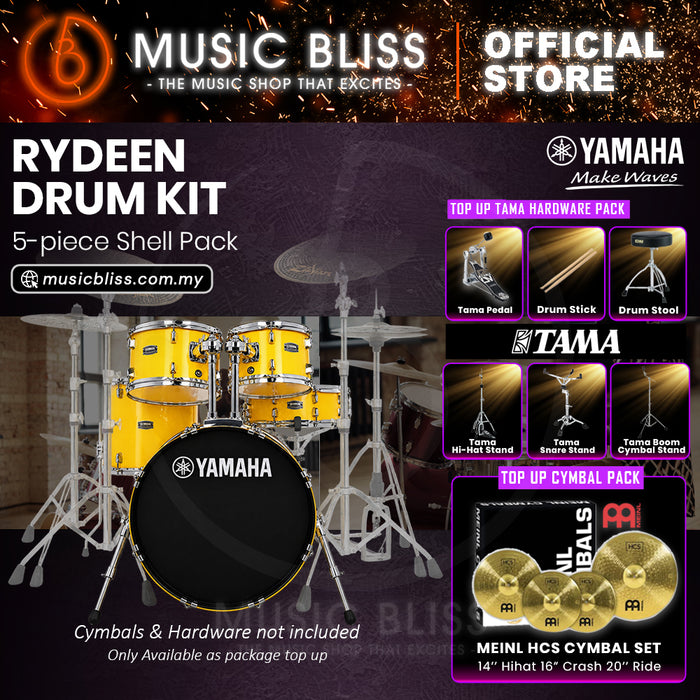 Yamaha Rydeen 5-Piece Acoustic Drum Kit – 20" Bass Drum – Shell Pack Only or Complete Package with Hardware & Cymbals - Mellow Yellow