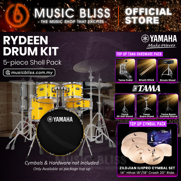 Yamaha Rydeen 5-Piece Acoustic Drum Kit – 20" Bass Drum – Shell Pack Only or Complete Package with Hardware & Cymbals - Mellow Yellow