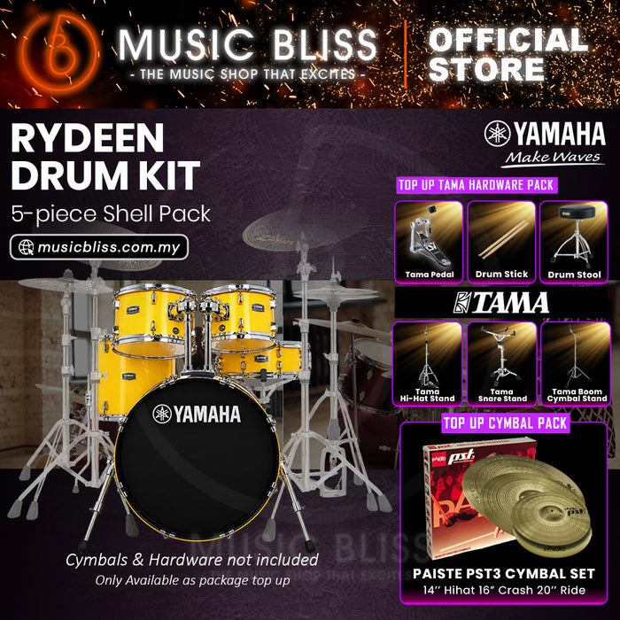 Yamaha Rydeen 5-Piece Acoustic Drum Kit – 20" Bass Drum – Shell Pack Only or Complete Package with Hardware & Cymbals - Mellow Yellow