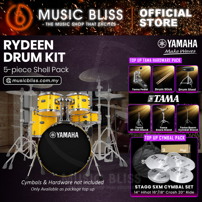 Yamaha Rydeen 5-Piece Acoustic Drum Kit – 20" Bass Drum – Shell Pack Only or Complete Package with Hardware & Cymbals - Mellow Yellow
