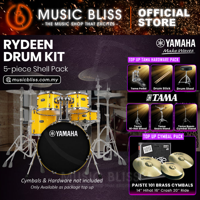 Yamaha Rydeen 5-Piece Acoustic Drum Kit – 20" Bass Drum – Shell Pack Only or Complete Package with Hardware & Cymbals - Mellow Yellow