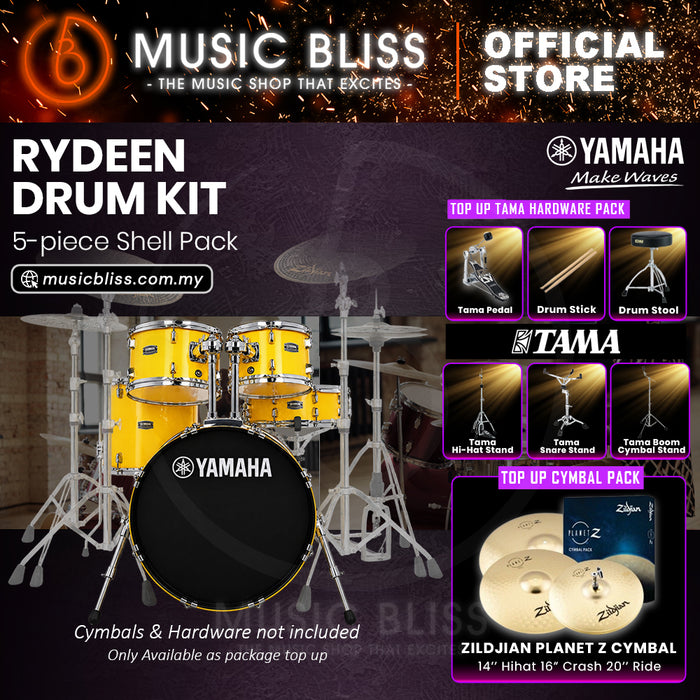 Yamaha Rydeen 5-Piece Acoustic Drum Kit – 20" Bass Drum – Shell Pack Only or Complete Package with Hardware & Cymbals - Mellow Yellow