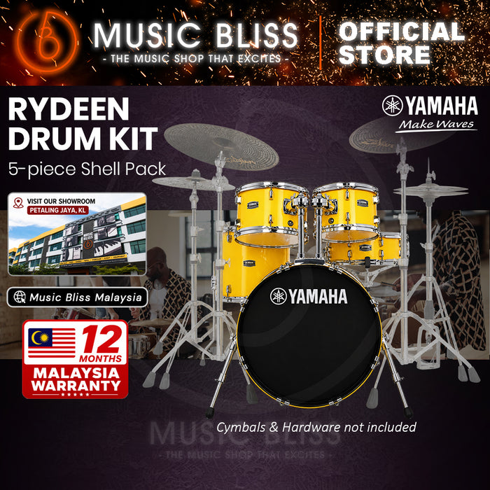 Yamaha Rydeen 5-Piece Acoustic Drum Kit – 20" Bass Drum – Shell Pack Only or Complete Package with Hardware & Cymbals - Mellow Yellow