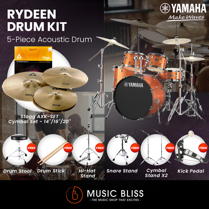 Yamaha Rydeen 5-Piece Acoustic Drum Kit – 20" Bass Drum – Shell Pack Only or Complete Package with Hardware & Cymbals - Orange Glitter