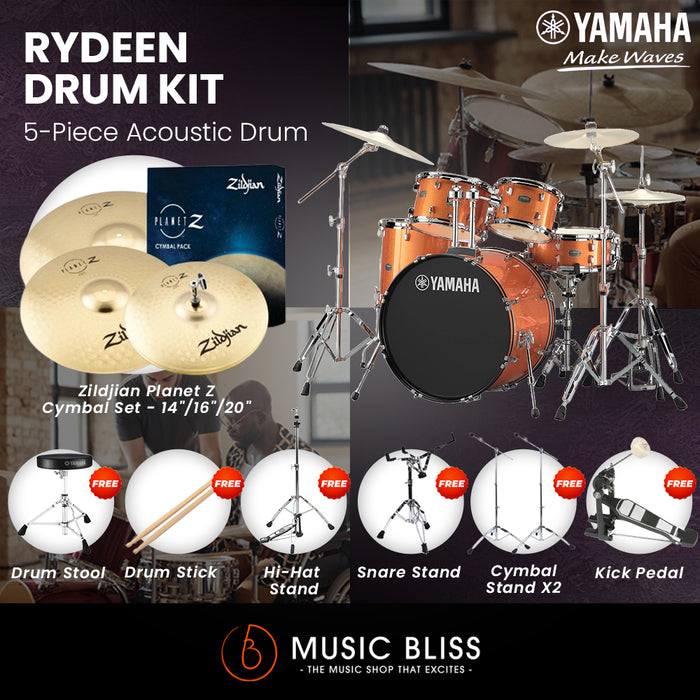 Yamaha Rydeen 5-Piece Acoustic Drum Kit – 20" Bass Drum – Shell Pack Only or Complete Package with Hardware & Cymbals - Orange Glitter