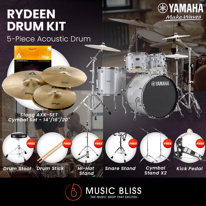 Yamaha Rydeen 5-Piece Acoustic Drum Kit – 20" Bass Drum – Shell Pack Only or Complete Package with Hardware & Cymbals - Silver Glitter