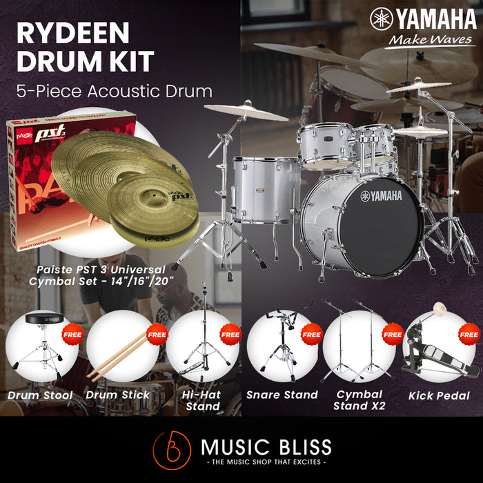 Yamaha Rydeen 5-Piece Acoustic Drum Kit – 20" Bass Drum – Shell Pack Only or Complete Package with Hardware & Cymbals - Silver Glitter
