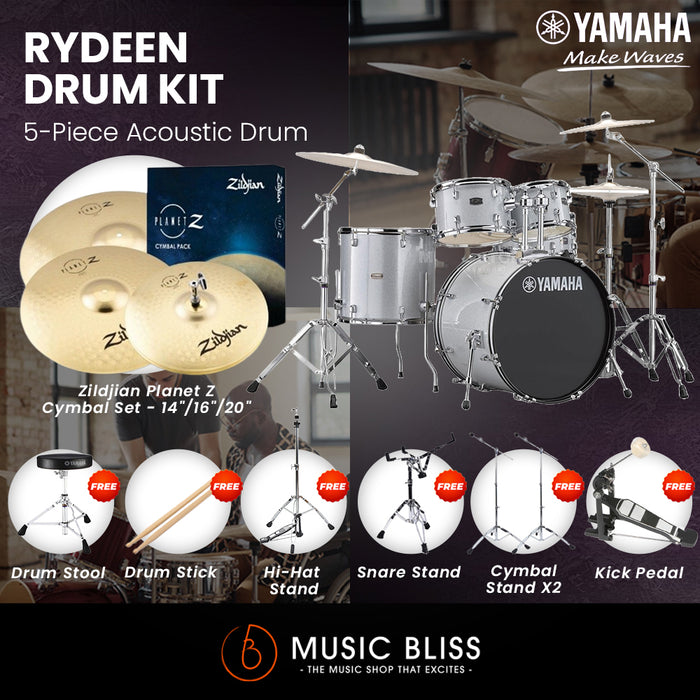 Yamaha Rydeen 5-Piece Acoustic Drum Kit – 20" Bass Drum – Shell Pack Only or Complete Package with Hardware & Cymbals - Silver Glitter