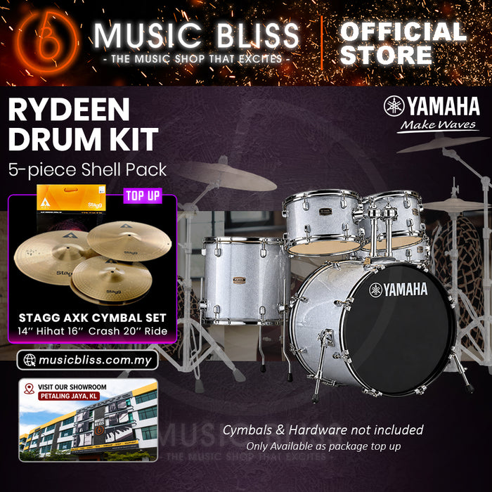 Yamaha Rydeen 5-Piece Acoustic Drum Kit – 20" Bass Drum – Shell Pack Only or Complete Package with Hardware & Cymbals - Silver Glitter