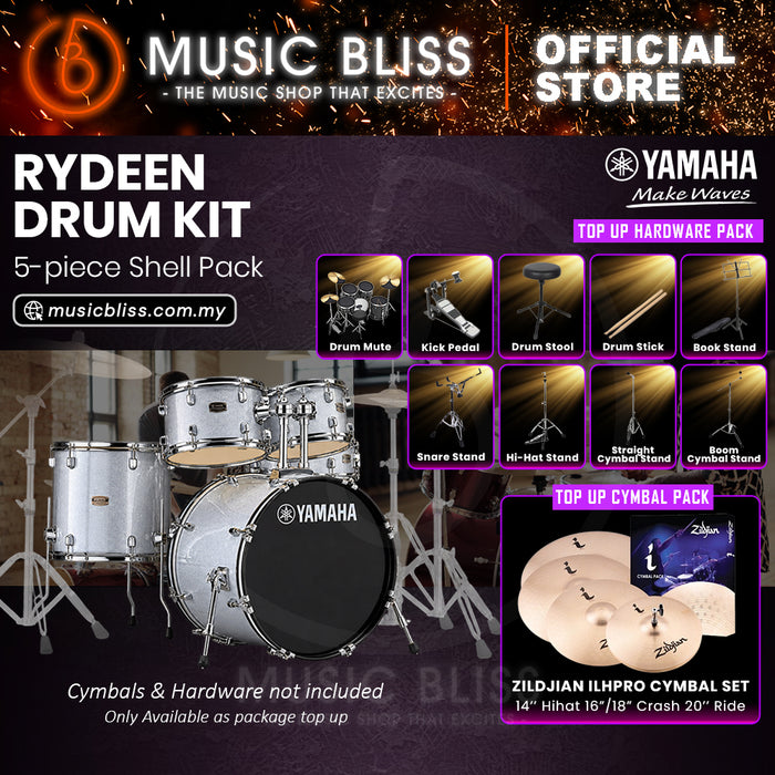 Yamaha Rydeen 5-Piece Acoustic Drum Kit – 20" Bass Drum – Shell Pack Only or Complete Package with Hardware & Cymbals - Silver Glitter