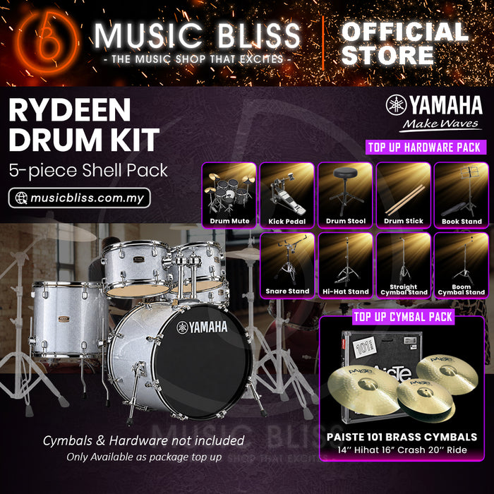 Yamaha Rydeen 5-Piece Acoustic Drum Kit – 20" Bass Drum – Shell Pack Only or Complete Package with Hardware & Cymbals - Silver Glitter