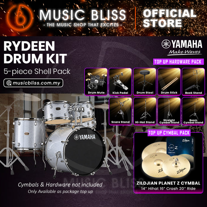 Yamaha Rydeen 5-Piece Acoustic Drum Kit – 20" Bass Drum – Shell Pack Only or Complete Package with Hardware & Cymbals - Silver Glitter