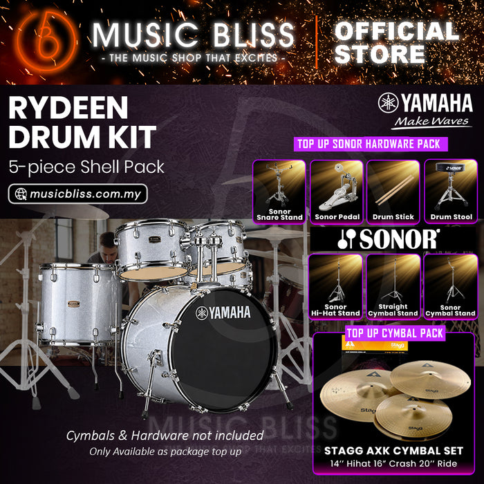 Yamaha Rydeen 5-Piece Acoustic Drum Kit – 20" Bass Drum – Shell Pack Only or Complete Package with Hardware & Cymbals - Silver Glitter