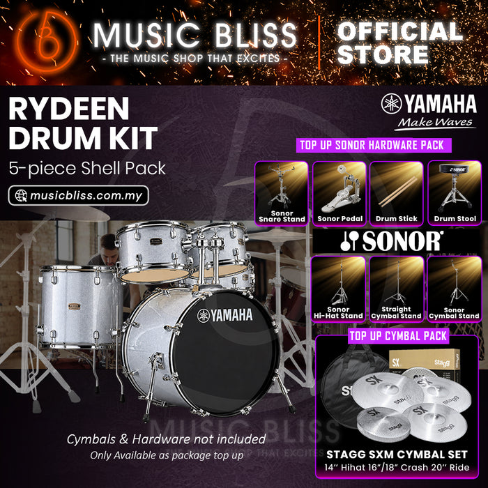 Yamaha Rydeen 5-Piece Acoustic Drum Kit – 20" Bass Drum – Shell Pack Only or Complete Package with Hardware & Cymbals - Silver Glitter
